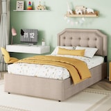 thumbnail of Polsterbett 90x200 mit Stauraum, Einzelbett mit zwei Schubladen, verstellbarer Nachttisch, gepolstertes Bettgestell Beige+Braun