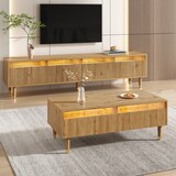 thumbnail of Wohnzimmermöbel-Set mit LED, TV-Schrank 4 Türen & Couchtisch 2 Schubladen, Acrylfronten 3D-Wellenstruktur, viel Stauraum, Holzfarben-Gold