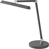 Eine dunkle Schreibtischlampe mit verstellbarem Arm.