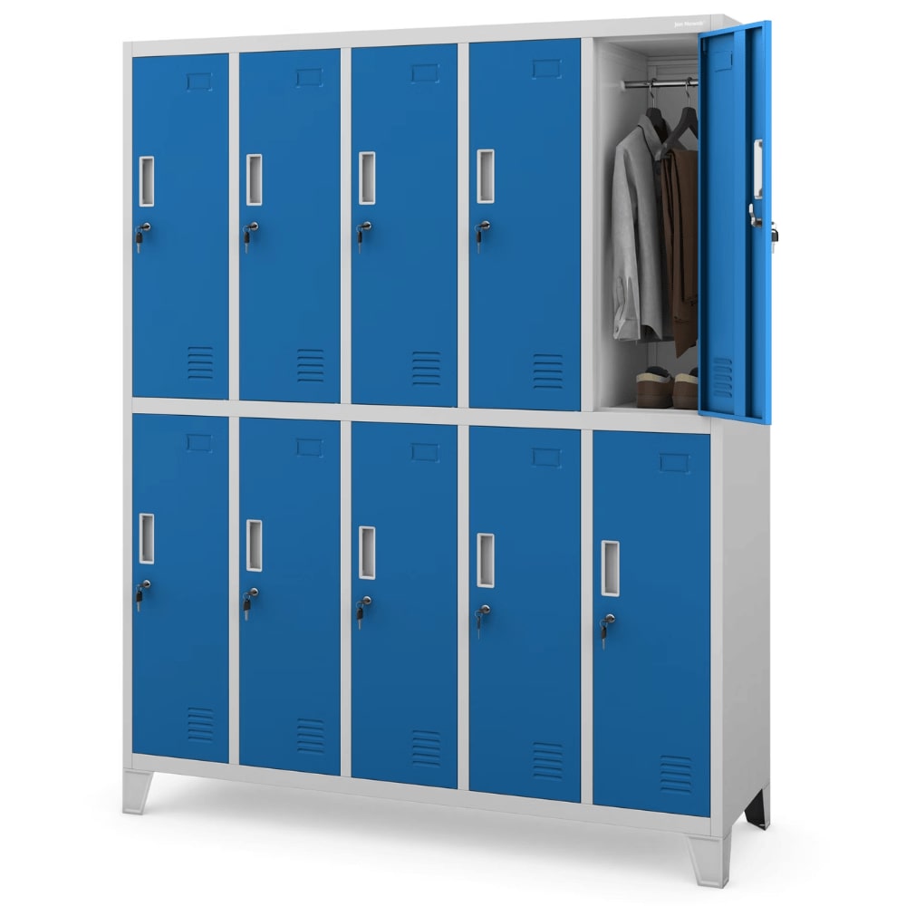 Umkleideschrank Spind BERLIN - 10 Abteile, Etikettenhalter Lüftungsschlitze | Umkleidespind Schließfachschrank Garderobenspind, 172x136x45cm Grau-Blau
