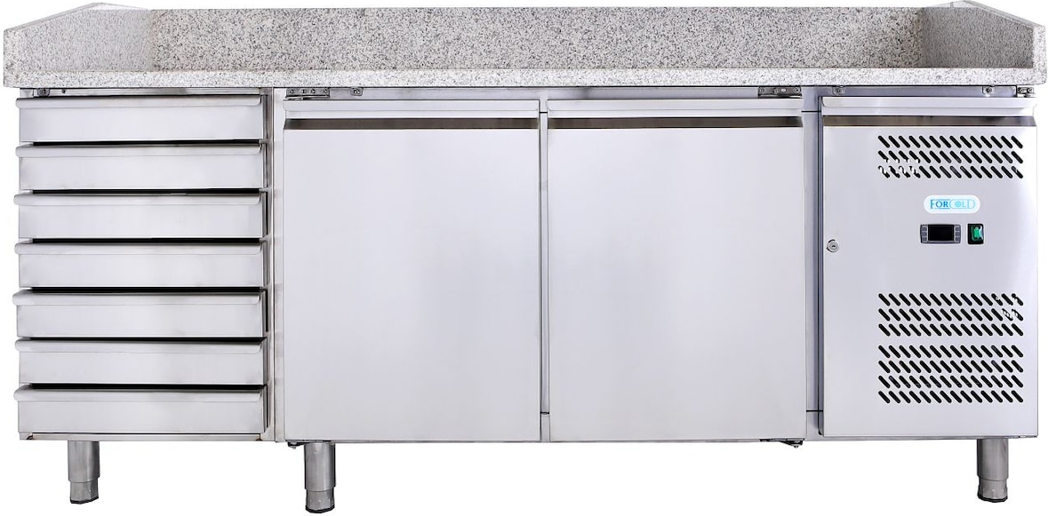 Pizzatheke 2 Türen + 7 Schubladen. Platte aus Granit. Automatische Abtauung. Temperatur -2°C/+8°C. Abmessungen (BxTxH) 202x80x100 cm. G-PZ2610TN-FC