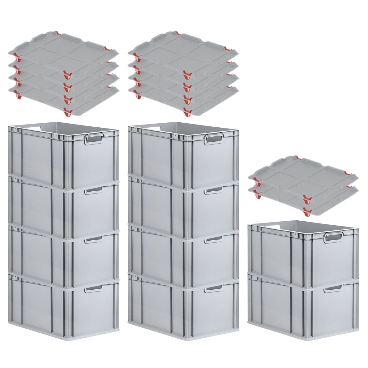 PROREGAL SparSet 10x Eurobox NextGen Economy mit Auflagedeckel & 4x Verschlüsse Rot, Griffe offen, HxBxT 32x40x60cm, 65L, Eurobehälter, Box