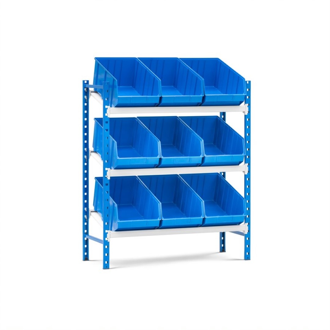 PROREGAL Schrägbodenregal MAXIMUS mit 9x Sichtlagerboxen à 31,5L Fachlast 130kg Grundregal HxBxT 120x100x40cm 3 Ebenen Lichtblau/Lichtgrau