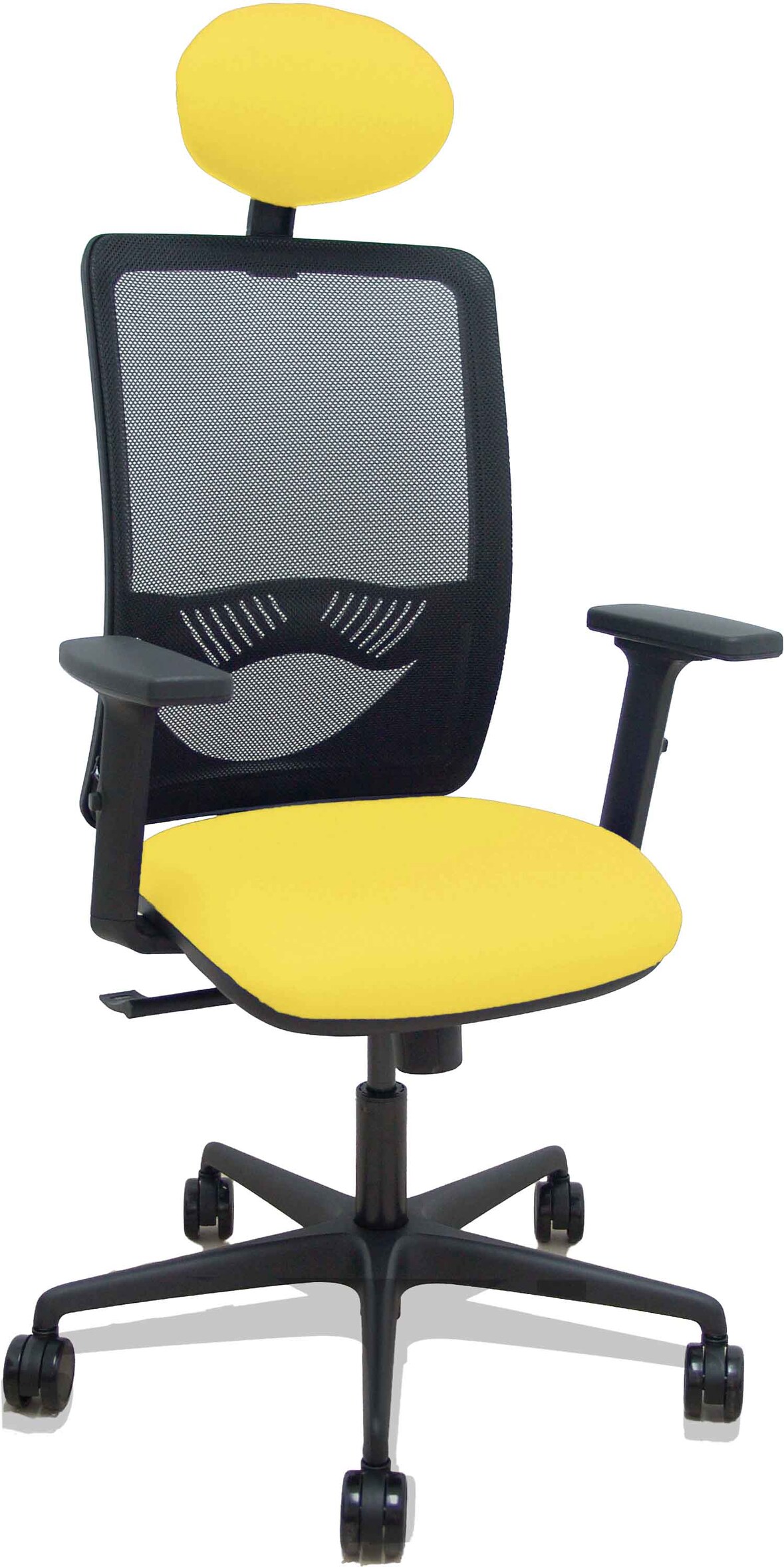 Silla Zulema sincro malla negra asiento bali amarillo brazos 2D ruedas 65mm cabecero