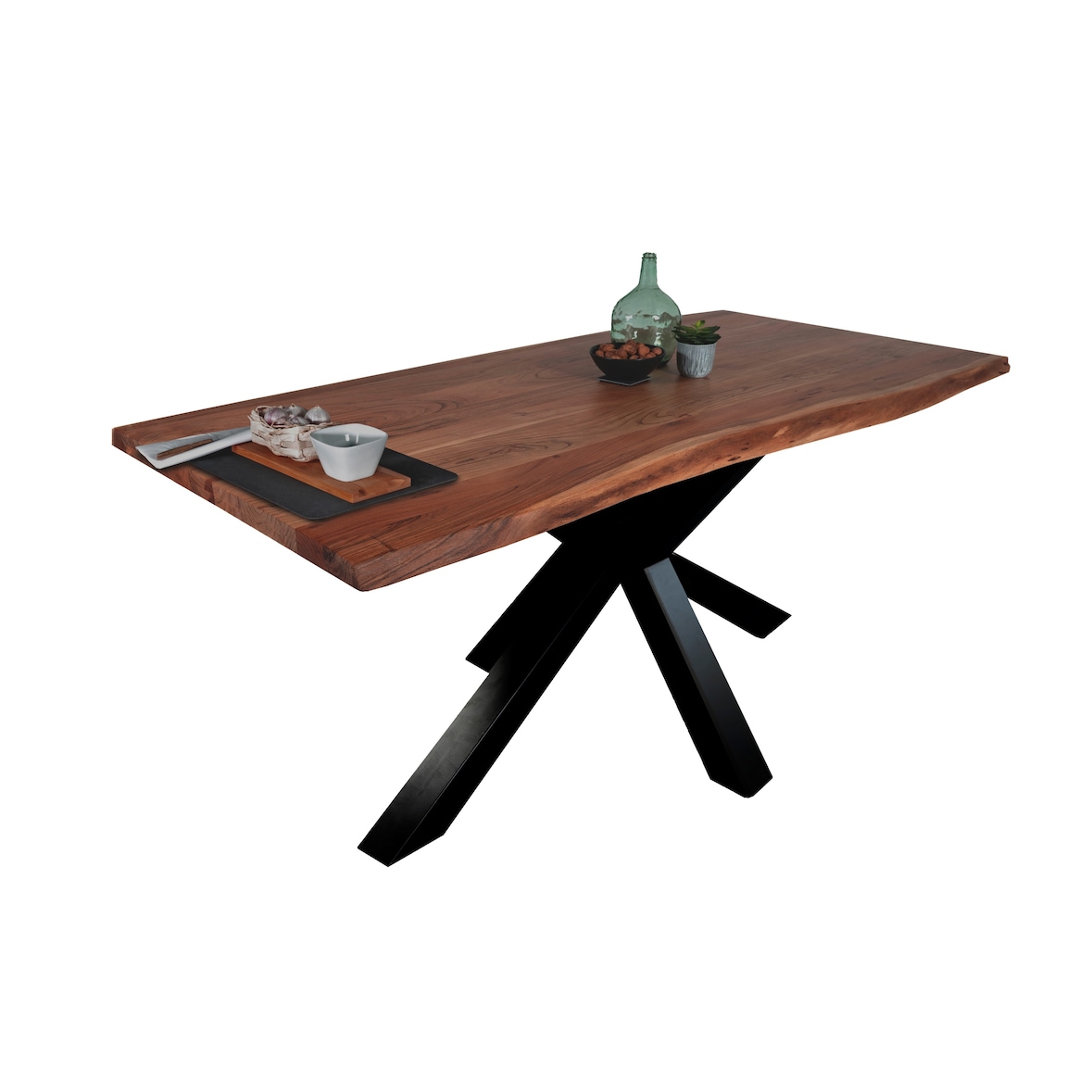 Esstisch Baumkante massiv Akazie Nussbaum 220 x 100 Spider-Gestell schwarz TIM