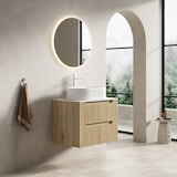 thumbnail of Badezimmer-Waschtisch 62x60x46 cm mit Ovalem Keramikbecken, Travertin-Sintersteinplatte, Soft-Close-Schubladen, Eiche, Vormontiert