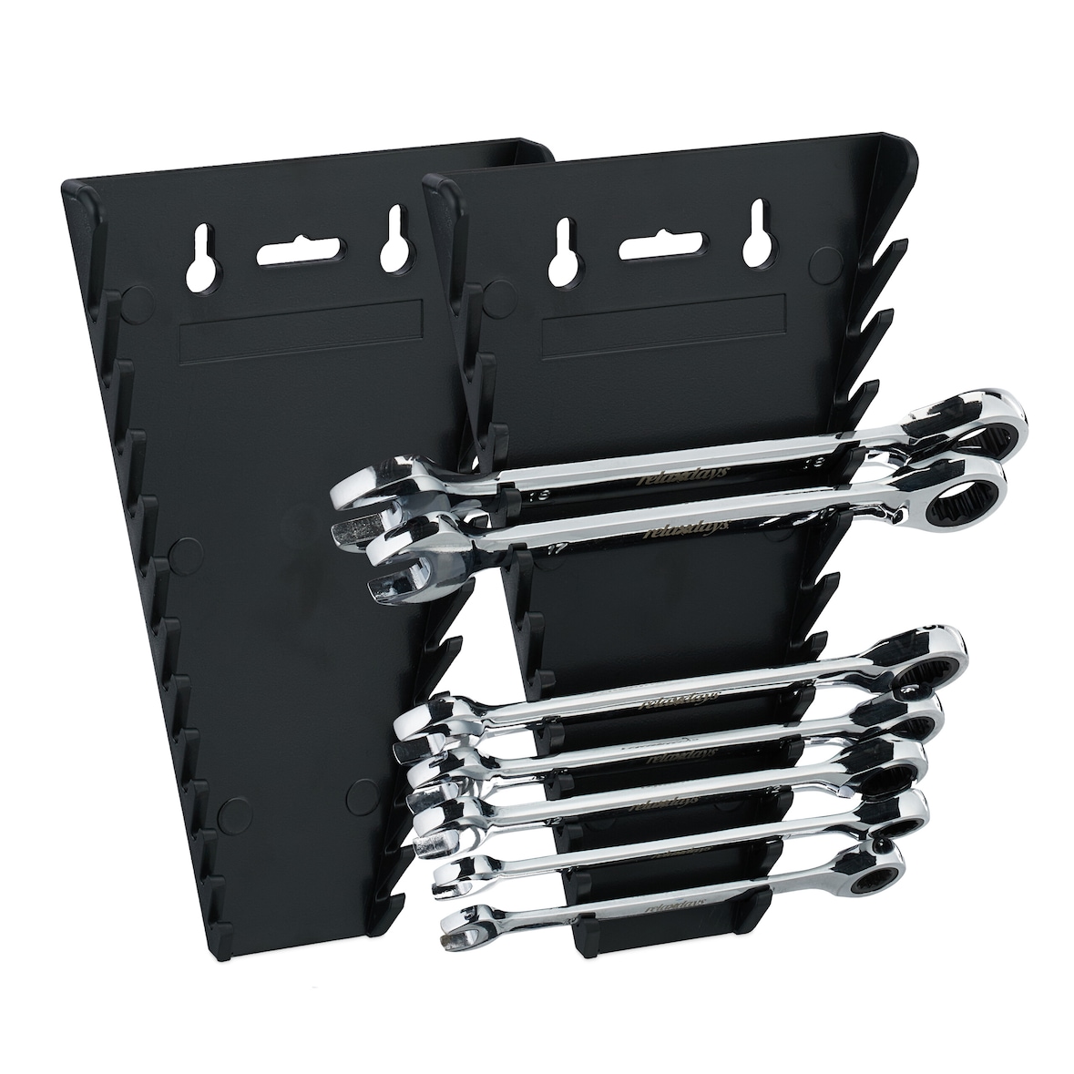 Relaxdays Maulschlüssel Halter 2er Set, magnetisch, 12 Steckplätze, Schraubenschlüssel Halterung 6-24 mm, ABS, schwarz