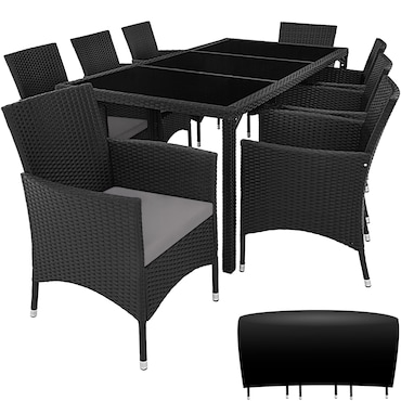 tectake conjunto mobiliário rattan ALMANSA mesa 3 tampos vidro 8 cadeiras almofadas capa protetora 195x91x75cm preto cinzento