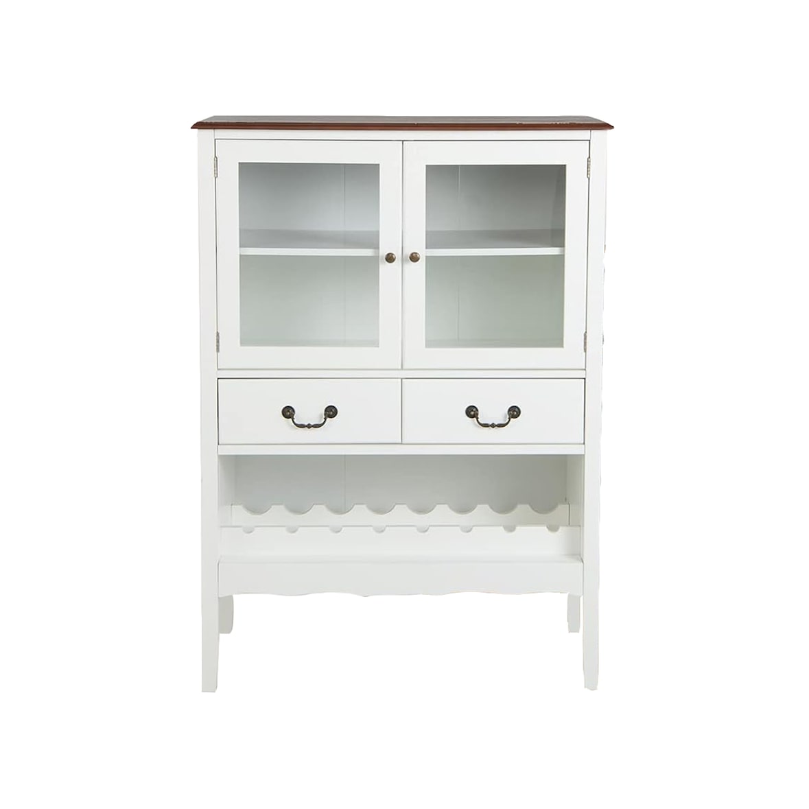 COSTWAY Mueble de Cocina con Estantería para Vino, Mueble de Caoba de Pino, Mueble de Cocina con 2 Cajones y 2 Puertas de Cristal