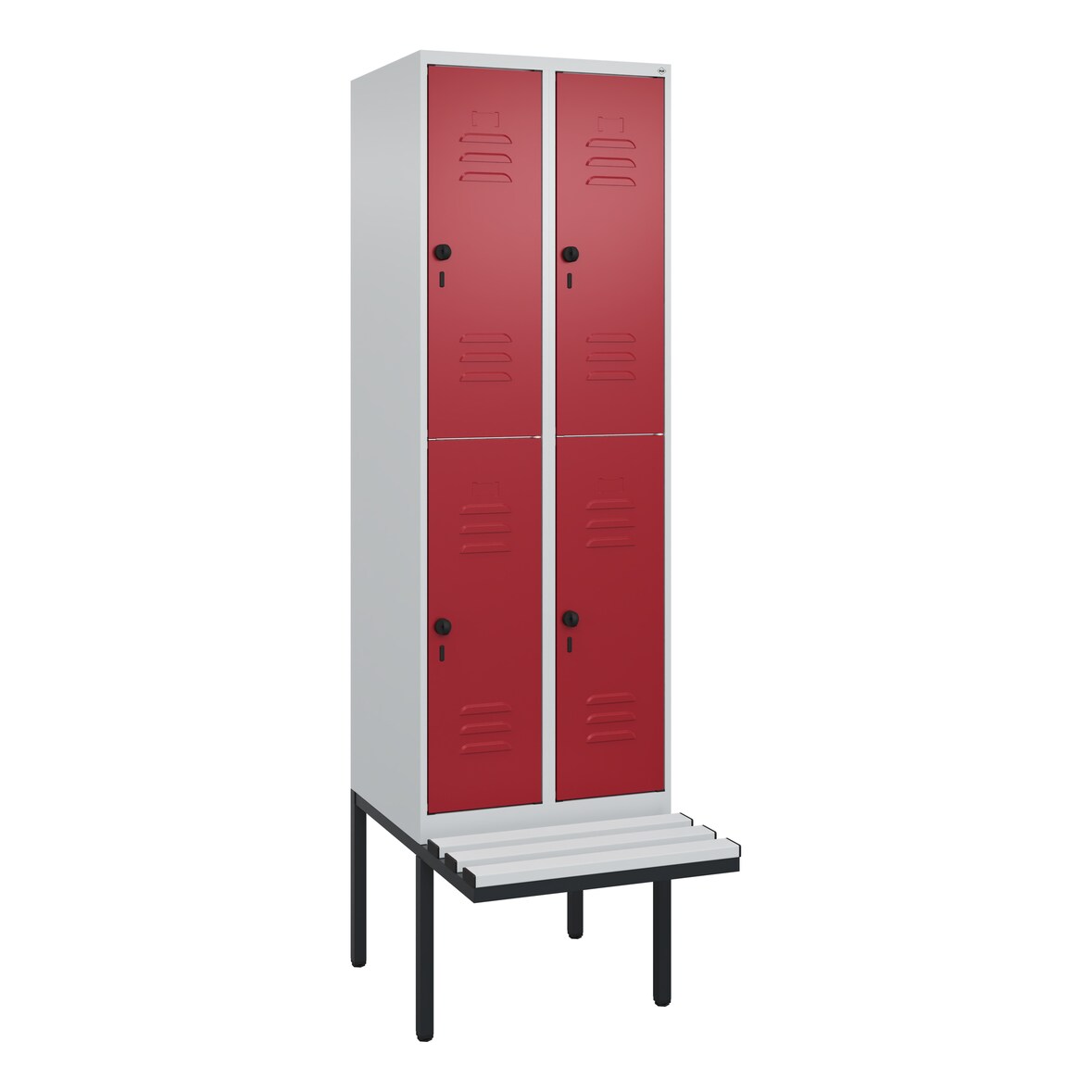 C+P Spind Classic PLUS, Kunststoff schwebende Sitzbank, 4 Abteile, HxBxT 212x60x82cm, Sicherheitsdrehriegel, Hellgrau/Rubinrot von PROREGAL