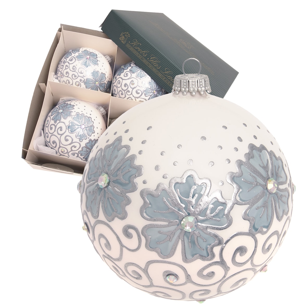 Kugeln Blumen & Wirbel, Weiß Satin, Blau/Silber Dekor, Strass, 10cm