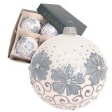 thumbnail of Kugeln Blumen & Wirbel, Weiß Satin, Blau/Silber Dekor, Strass, 10cm