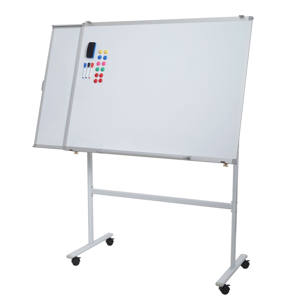 Whiteboard HWC-C85b, met uitschuifbaar bord Magneetbord Memobord Prikbord, mobiel oprolbaar incl. accessoires, 167x186cm