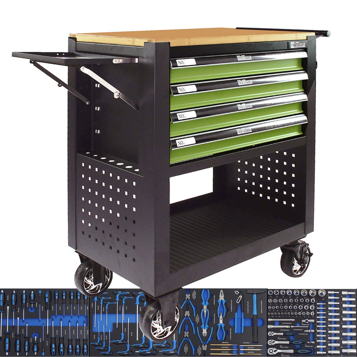 Werkstattwagen Profi Compact bestückt 85 x 68 x 46 cm Holzplatte 4 Schubladen Lochwand Ablage grün