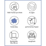 thumbnail of Putztuchrolle, Putzrolle, Putztücher blau 3-lagig, 1000 Blatt, 36x38 cm, perforiert, saugstark, Reinigungstücher