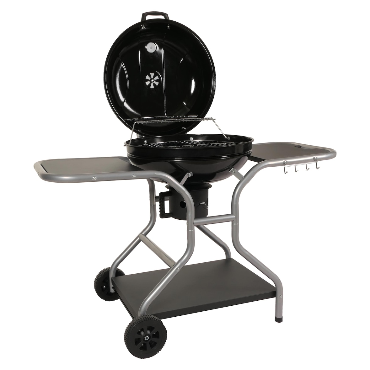 Barbecuetrolley HWC-N16, houtskool barbecue ketel barbecue tuinbarbecue met deksel drie schappen, staal email 143x131x66cm zwart