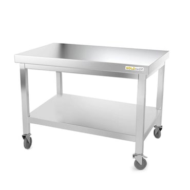 Werktafel in roestvrij staal met voet 1000 x 600 mm op PREMIUM / GOLDINOX wielen. GOLDINOX