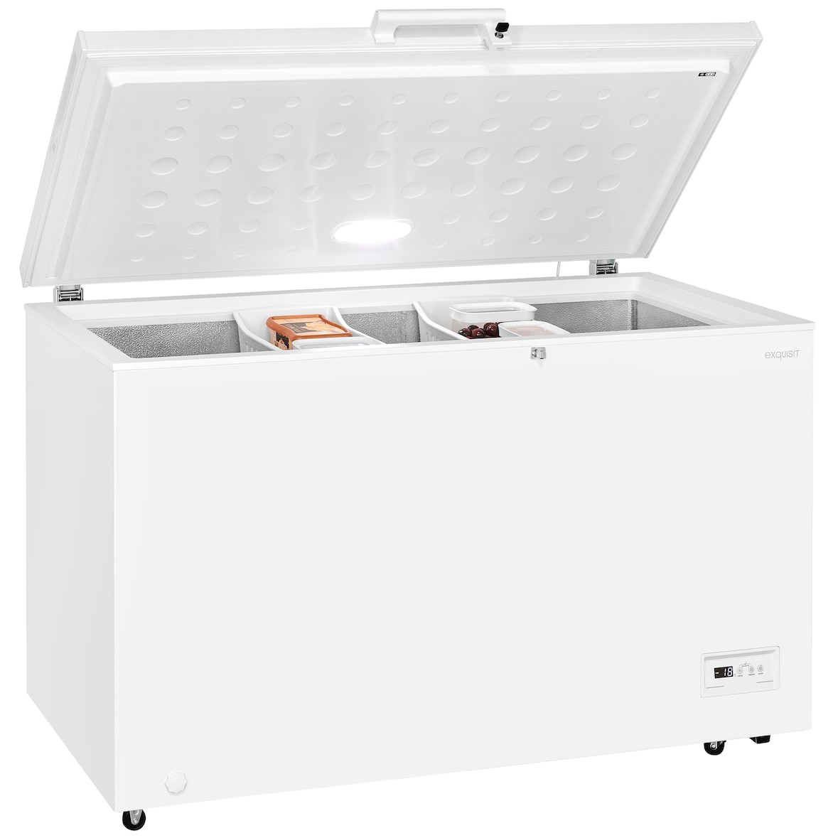 Exquisit Gefriertruhe GT400-HE-041E weiss | 371 l Nutzinhalt | 4*-Gefrieren | Schnellgefrieren | 2-in-1 Gerät | Rollen