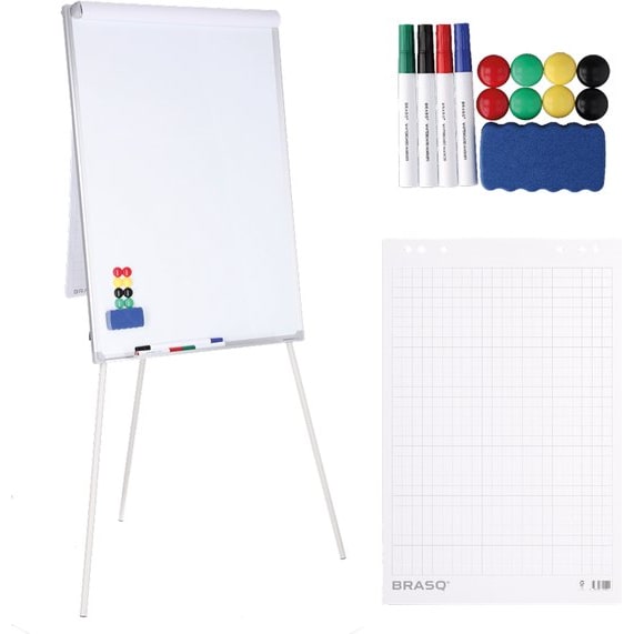 BRASQ Flipover - 70x100cm - Verstelbaar Whiteboard - Incl. 25 vellen papier, 4 Stiften, 8 Magneten, Wisser - met Haken - Aluminium