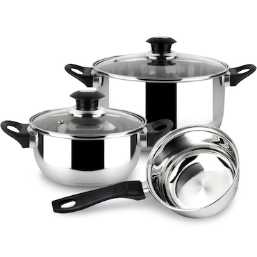 Magefesa Family - Juego de Cocina, Acero Inoxidable, 5 Piezas, Incluye 2 Ollas + Cazo + 2 Tapas de Vidrio, Todo tipo de Cocinas, Induccion
