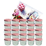 thumbnail of 25er Set Sturzglas 230 ml Marmeladenglas Einmachglas Einweckglas To 82 rot karierter Deckel incl. Diamant-Zucker Gelierzauber Rezeptheft