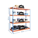thumbnail of Schwerlastregal, 2000x1800x600 mm, 400 kg Biegetragfähigkeit pro Boden, 4 Gitterböden, Garagenregal, Blau/Orange - Ecoforte