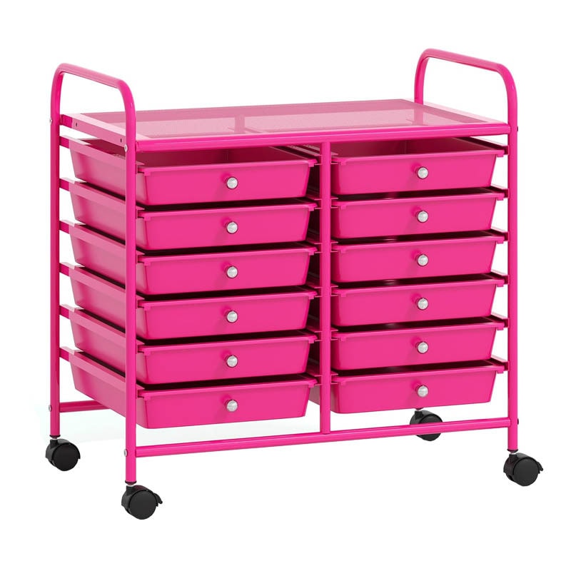 COSTWAY Carro con ruedas con 12 cajones apilables, contenedor con ruedas con estructura y estante metálicos, 64 x 38 x 62 cm (rosa intenso)