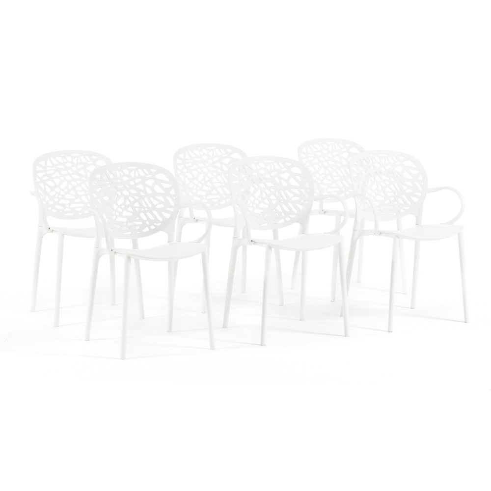 Set de 6 sillas de exterior apilables con reposabrazos en resina respaldo perforado diseño natural para jardín terraza bar restaurante Linda - blanco