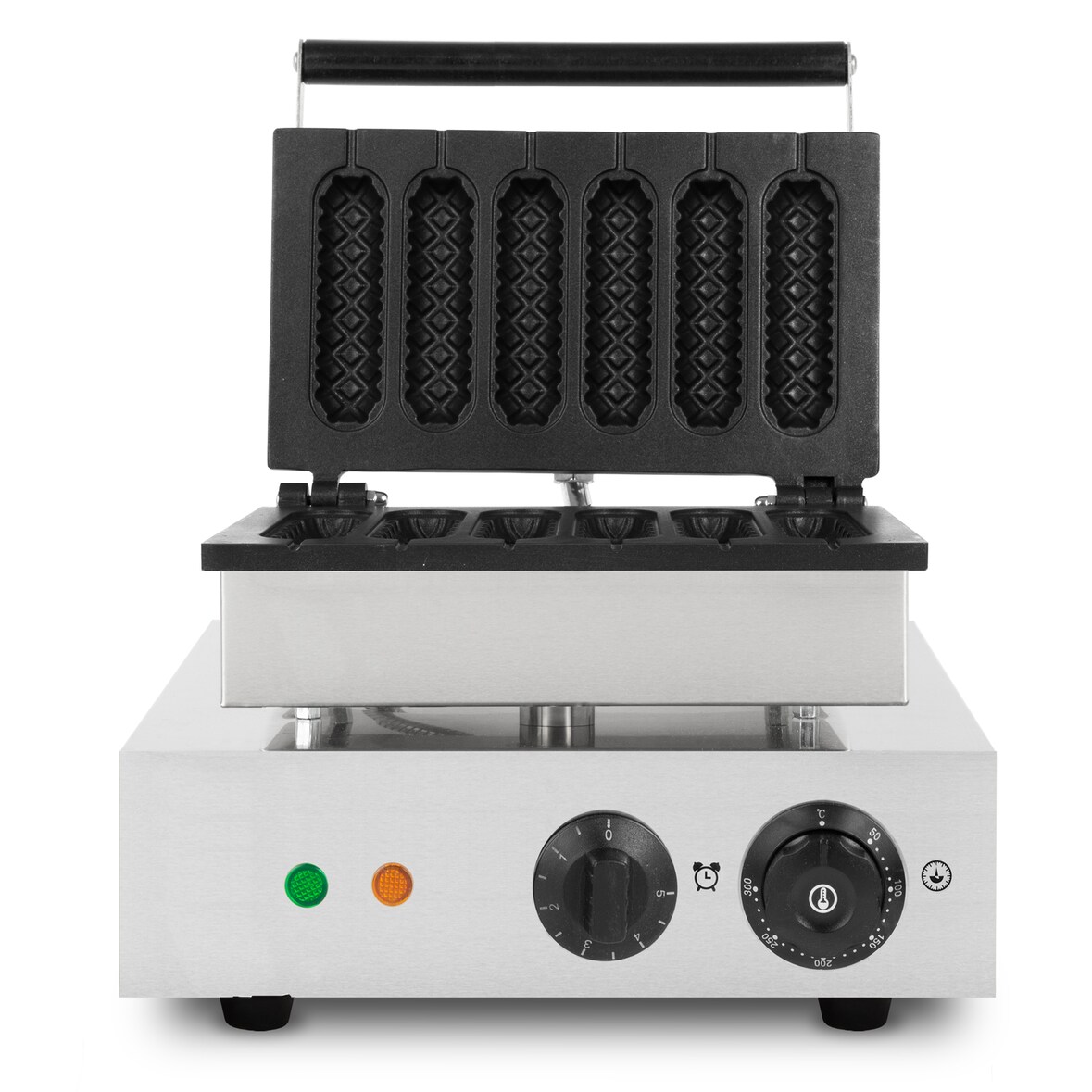VERTES wafelijzer op stok, 6 wafels tegelijk, 120 wafels per uur, instelbaar 0°-300°C, met teflon bekleed