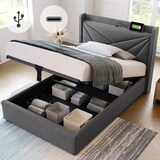thumbnail of Einzelbett Stauraumbett Bettgestell 90x200 mit USB TypC Ladefunktion Kopfteil Stauraum Eisenrahmen Massivholzlatten modern bequem grau