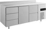 thumbnail of Gastro Edelstahl Kühltisch 1 Tür mittig 2/3 Schubladen rechts&links Umluftkühlung Aufkantung, 1865x700x850mm -2/+8°C ISO 50mm