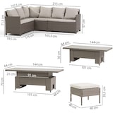 thumbnail of Set pranzo da giardino in polirattan con divano angolare, 3 pouf e tavolo regolabile 144x64 cm, design elegante per giardino e terrazzo - NOTO