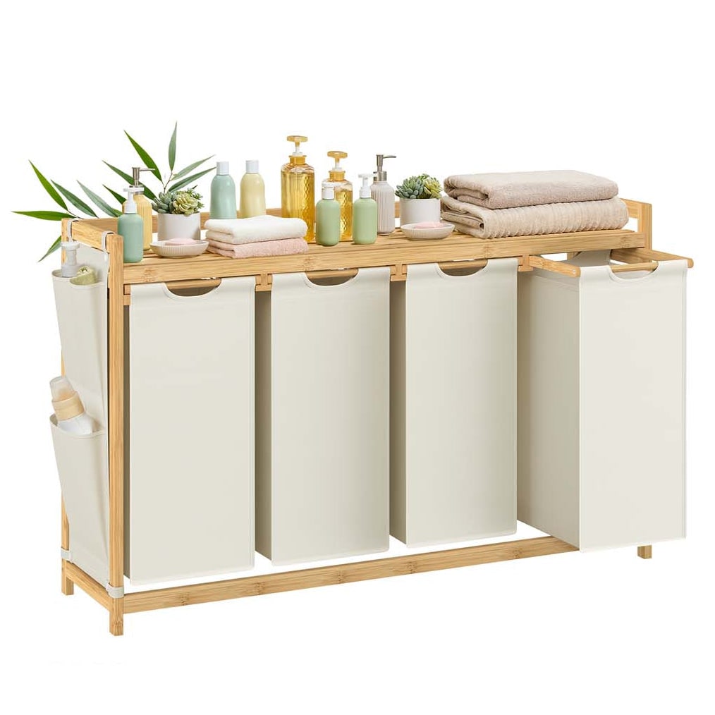 Helloshop26 - Cesto para ropa sucia con 4 compartimentos cesto de bambú para ropa sucia capacidad de 200 litros con estante y 12_0007979