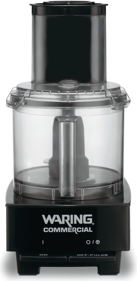 Un robot culinaire noir avec un récipient transparent.