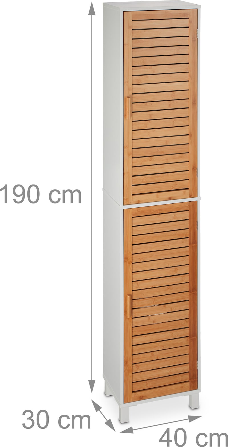 Relaxdays Badezimmerschrank, HxBxT: 190 x 40 x 30 cm, 6 Fächer, MDF & Bambus, hoch, schmal, Bad Hochschrank, weiß/natur