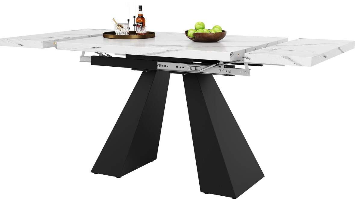 Ausziehbarer Esstisch 159x74x77 cm Weiß+Schwarz mit Marmoroptik Tischplatte, MDF Tisch, Carbonstahl Beine, Metallschienen System