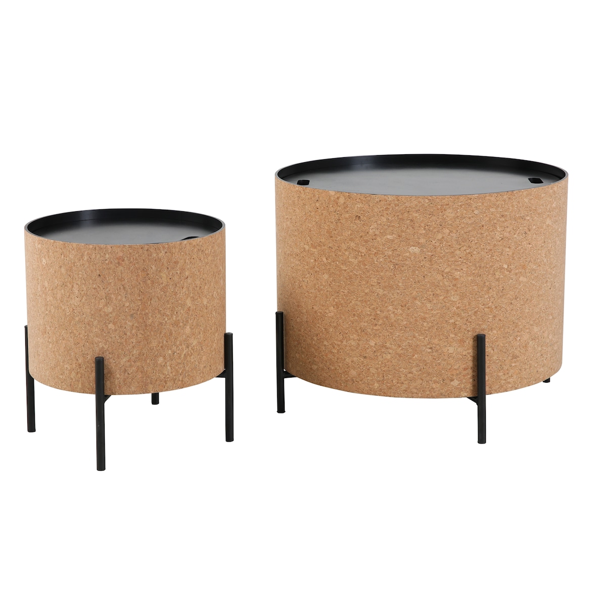 Möbilia Couchtisch 2er-Set | mit Stauraum | Tischkorpus MDF mit Kork natur | Metallgestell schwarz | B63xT63xH48,5 cm | 28020046 | Serie COUCHTISCH