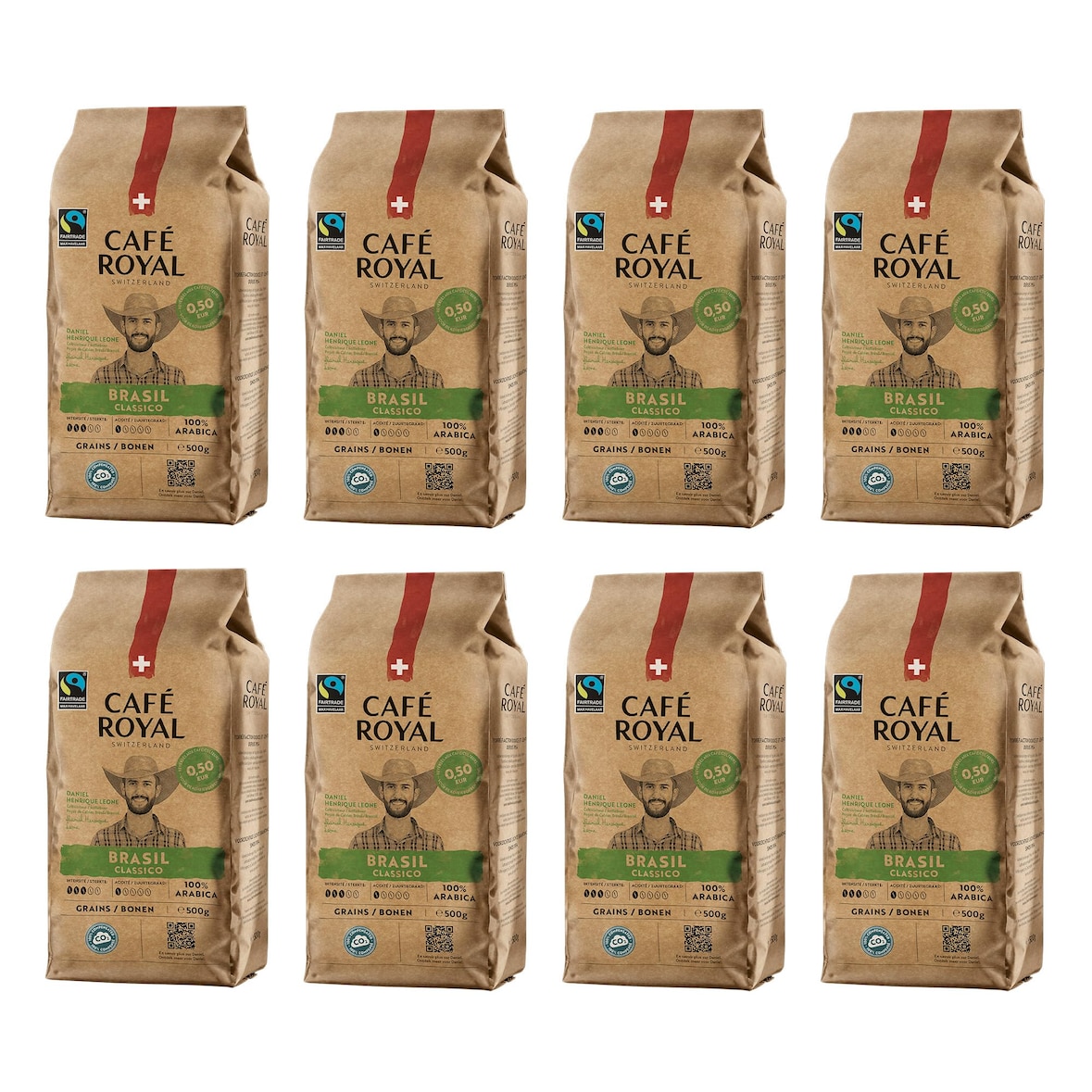 8 x 500 GR - Café Royal Brasil Classico - Café Torréfié en Grains - Intensité 3/5 - Grains 100% Arabica Durables du Brésil - Certifiés Fairtrade