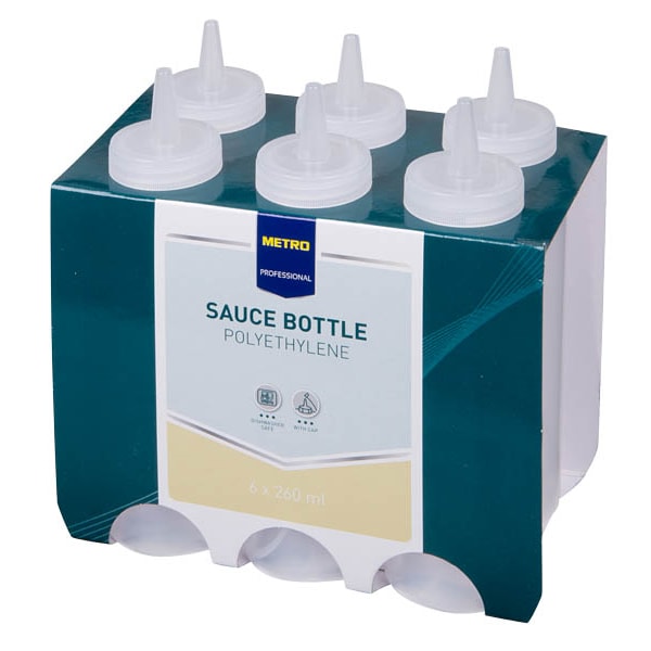 METRO PROFESSIONAL Quetschflasche hs016, Polyethylen/Polypropylen, Ø 7 x 20 cm, 490 ml, mit Verschlusskappe, transparent, 6 Stück