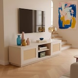 thumbnail of TV-Schrank aus Holz mit 2 Rattantüren, 160 cm breit, cremefarben