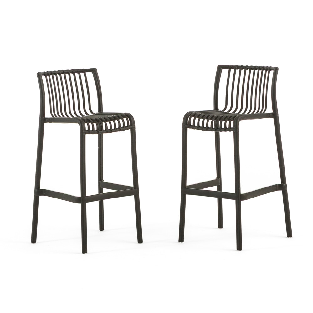 Set de 2 taburetes de exterior altos apilables en polipropileno, diseño efecto bambú para jardín, terraza, bar y restaurante – Olimpia XL/Negro