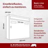 thumbnail of AL Briefkastensysteme 1 x Basic Wand Briefkasten RAL Farbe 9006 Weiss Aluminium für Post A4, wetterfest, Artikelnummer: 431P1EA1P9006