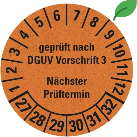 Dreifke® Prüfplakette gepr.DGUV Vor.3 Nä.Prüft.,27-32,orange,Graspapier,Ø 30mm,18 St/Bogen