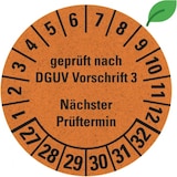 thumbnail of Dreifke® Prüfplakette gepr.DGUV Vor.3 Nä.Prüft.,27-32,orange,Graspapier,Ø 30mm,18 St/Bogen