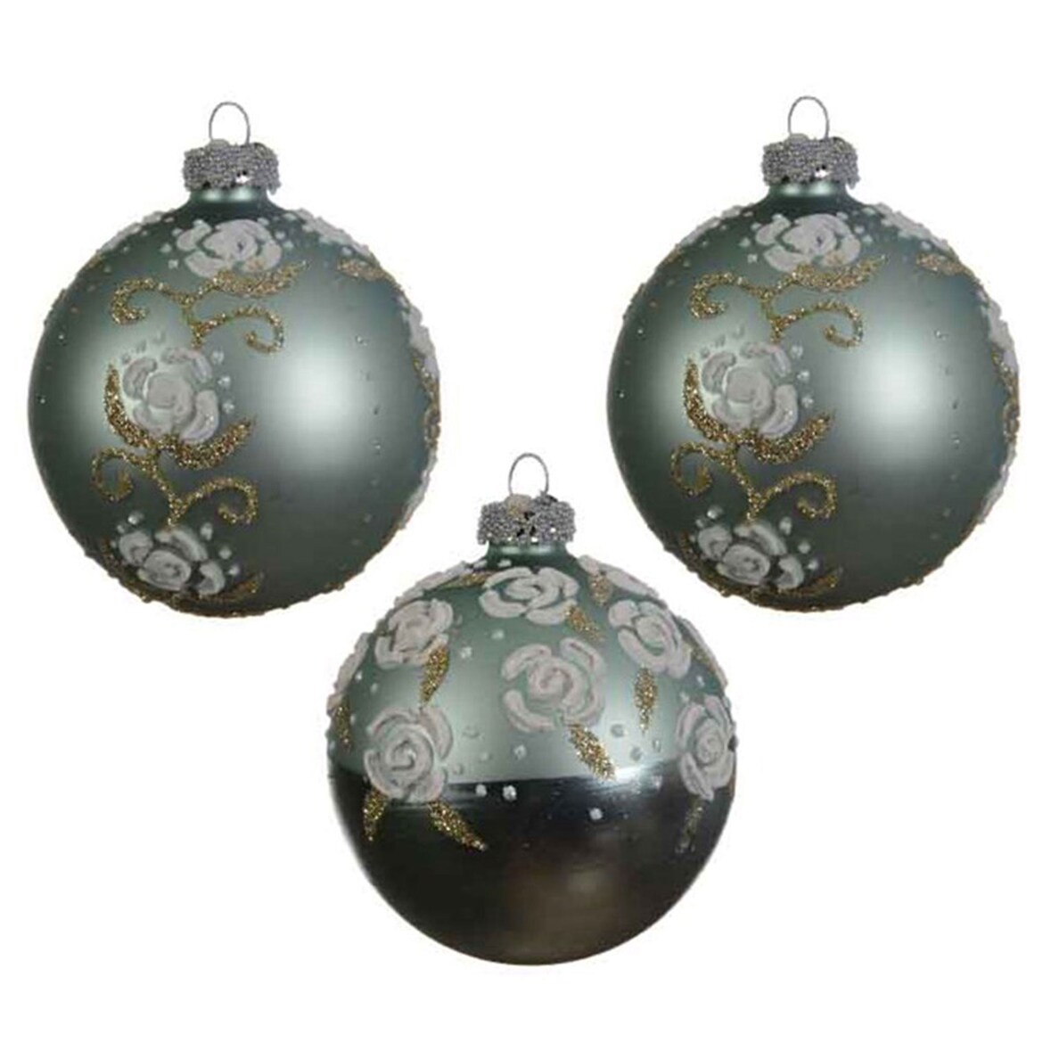 3 Glaskugeln Rosenblätter Weihnachtskugeln Christbaumkugeln Baumschmuck Glitzer