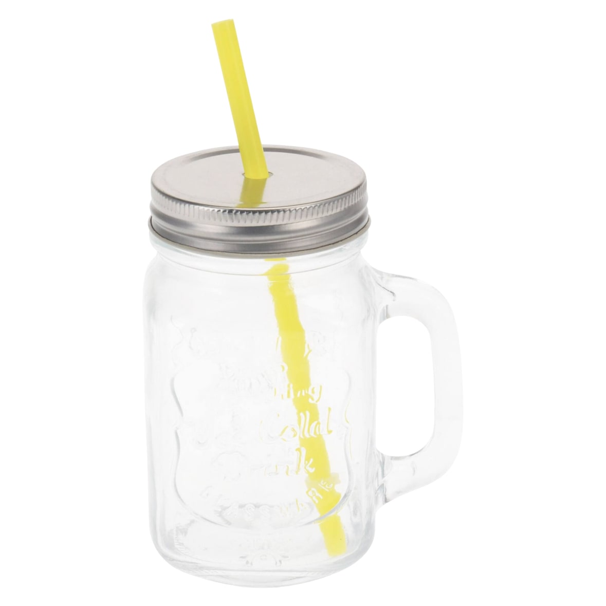 WellHome - 450 ml Glasbecher mit gelbem Strohhalm