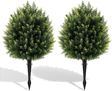 COSTWAY Set de 2 Plantas Artificiales, 61 cm, Árbol de Bola de Ciprés con Espiga de Tierra, Cedro Artificial con Maceta