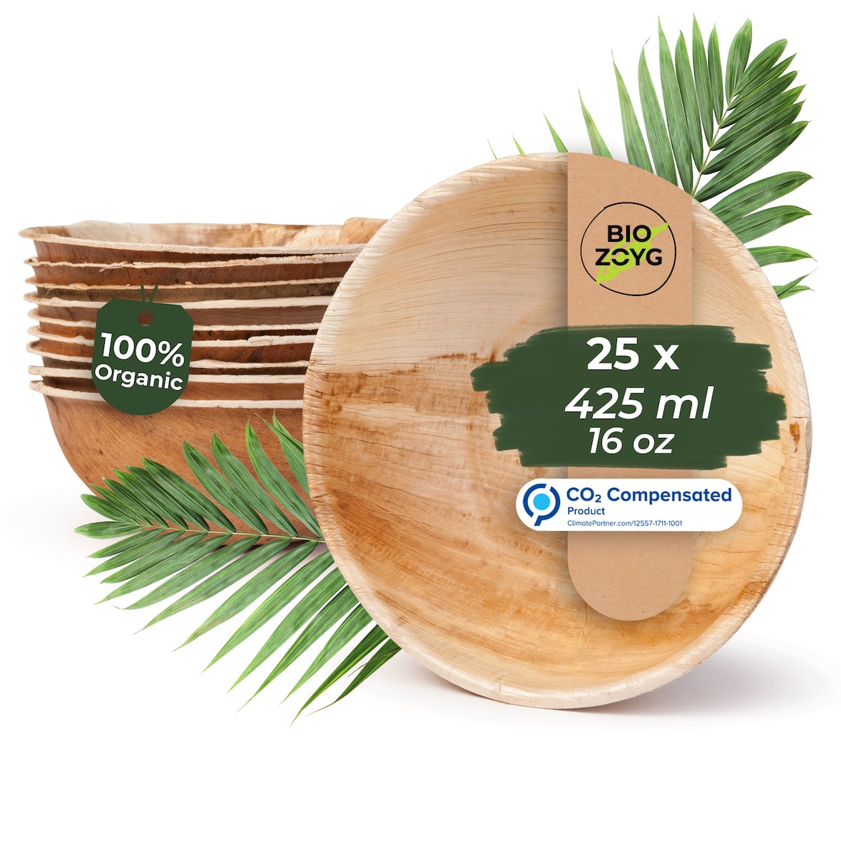 BIOZOYG 25 Stück runde Einwegschalen Palmblattschalen 425ml für Partys, umweltfreundliches Biogeschirr, Einmalgeschirr, biologisch abbaubar
