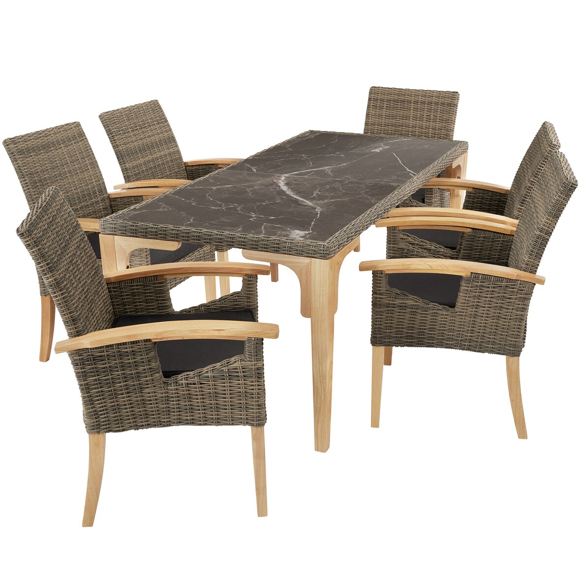 tectake Tavolo in rattan Foggia con 6 sedie Rosarno - naturale - 404860