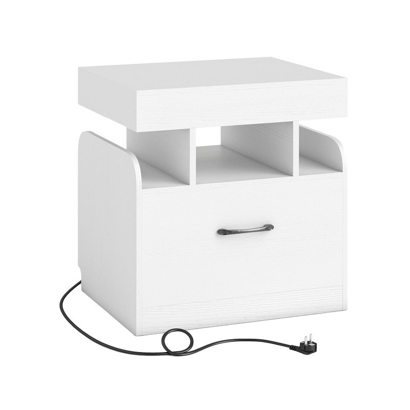 COSTWAY Mesita de noche con estación de carga, mesita auxiliar con cajón, mesita de noche con compartimentos abiertos